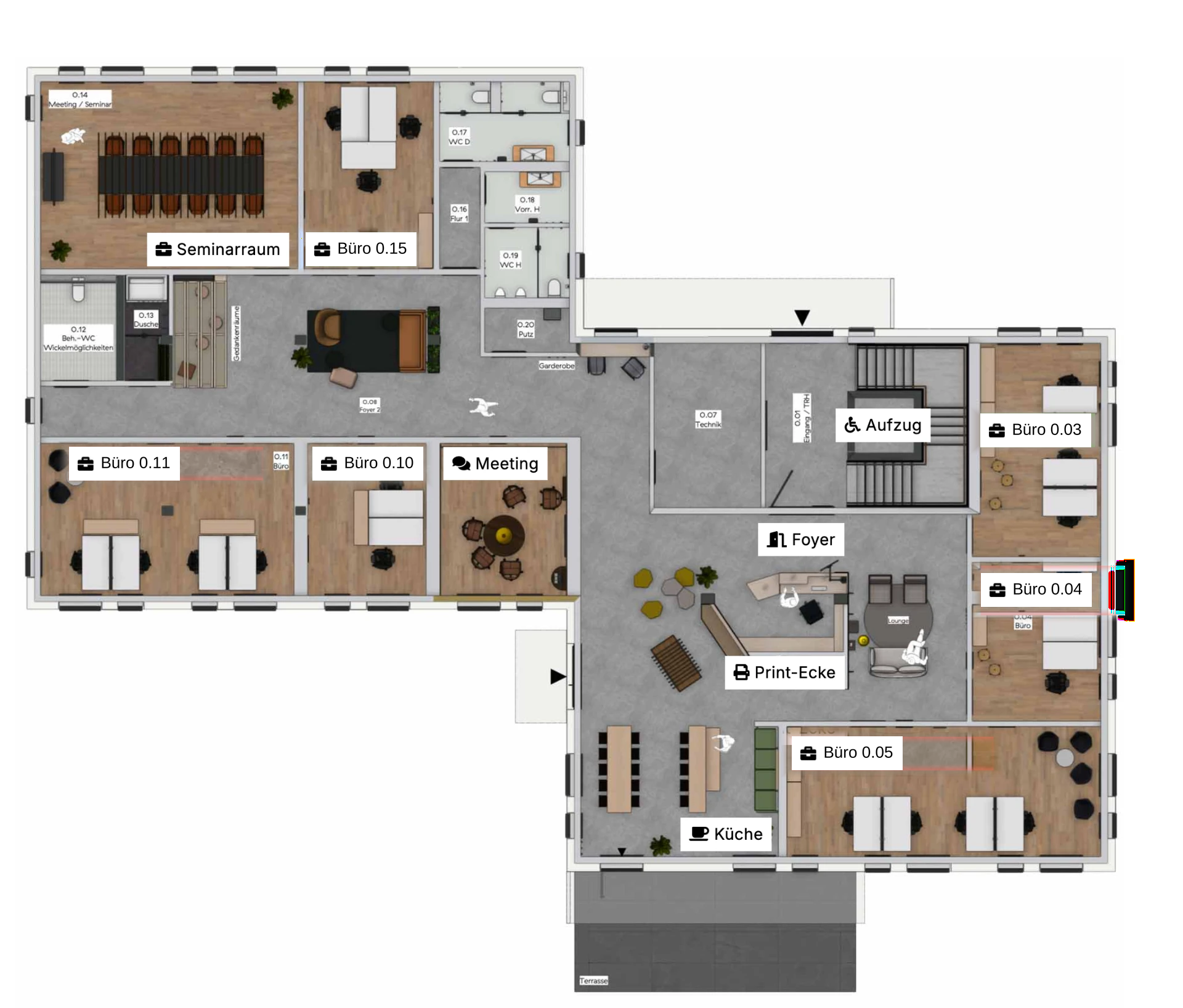 Grundriss Erdgeschoss des innospace Haßloch mit den Büros 0.03, 0.04, 0.05, 0.10, 0.11 und 0.15 sowie Seminarraum, Meetingraum, Foyer, Küche und Aufzug