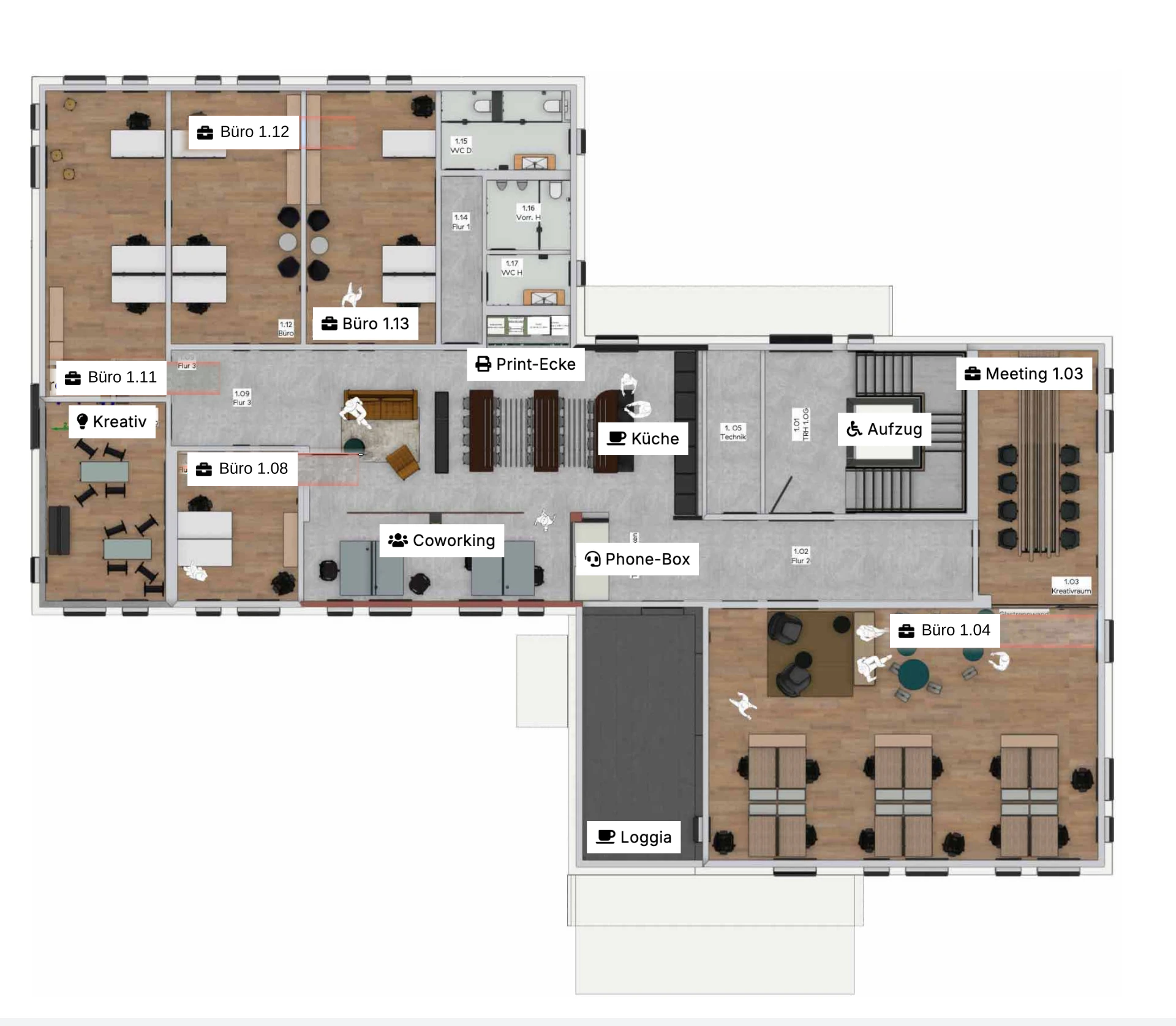 Grundriss 1. Obergeschoss des innospace Haßloch mit den Büros 1.04, 1.08, 1.11 und 1.12 sowie Coworking, Kreativraum, Meetingraum, Küche und Aufzug